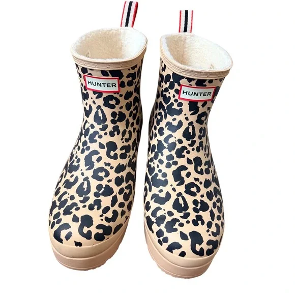 Hunter Original Play Short Leopard Print Faux Fur Lined Rain Boots Womens 11M - Picture 2 of 9